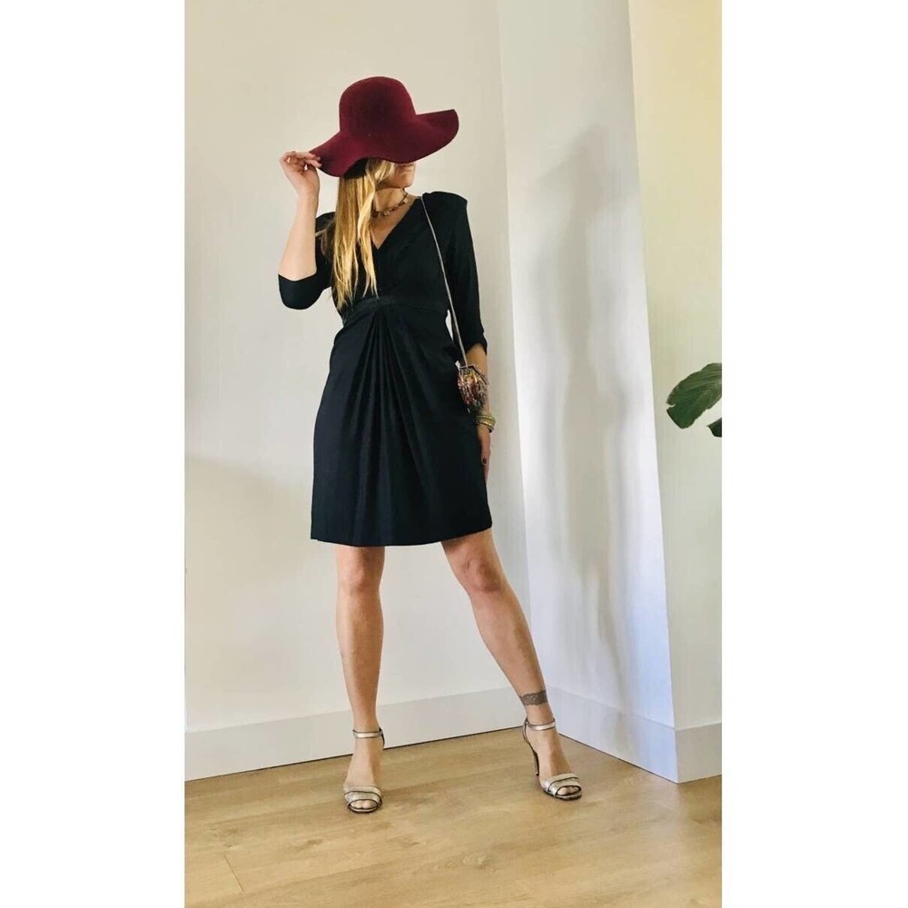 Sandro Navy Blue V-Neck Draped Leather Trim Mini Dress Sz 1 Fr/ S Us